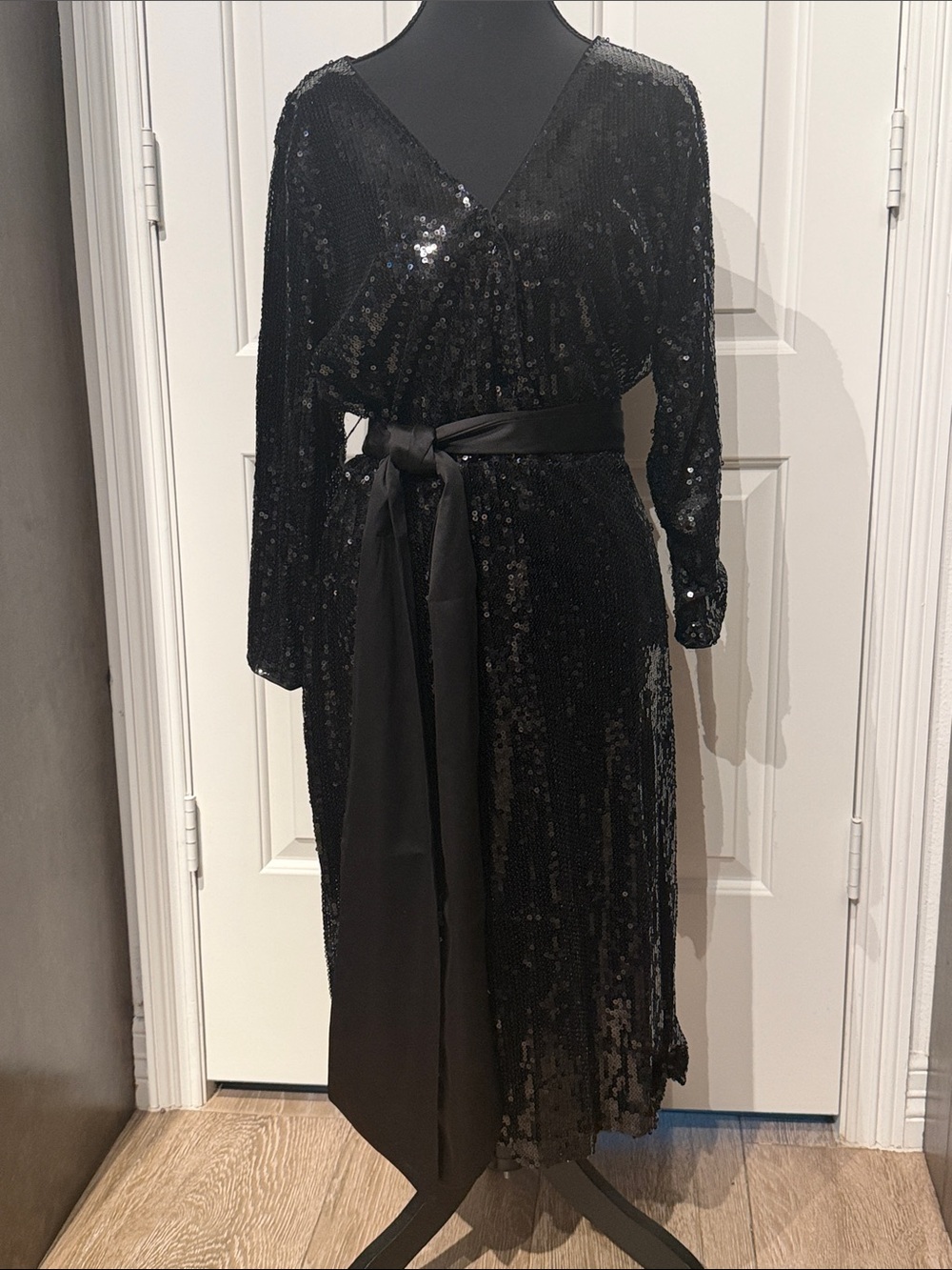 New York & Company Black Sequin Wrap Midi Dress with Satin Sash